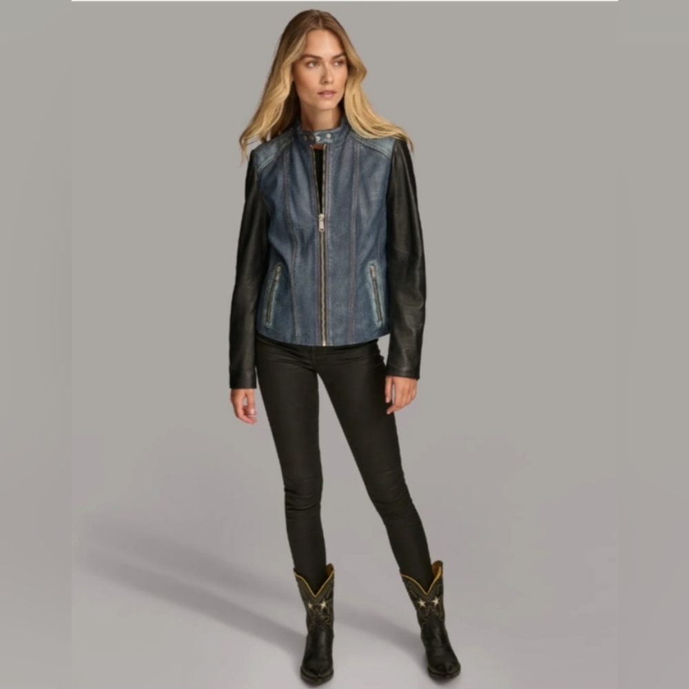 Wilsons Leather Combo Alora Women Denim Look Black Jacket
